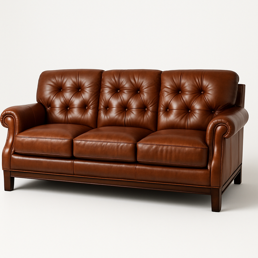 Canapé trois places cuir marron capitonné