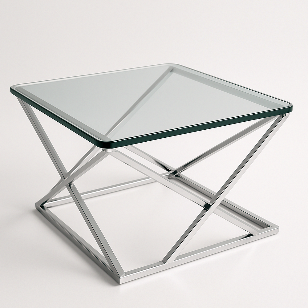 Table basse carrée en verre et métal structure géométrique 80x80 cm Transparent/Argenté