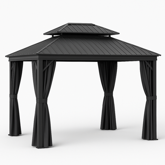 Pavillon à Double Toit Aluminium Noir avec Rideaux 3x3 m