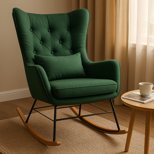 Fauteuil à bascule en tissu vert avec structure en métal et bois