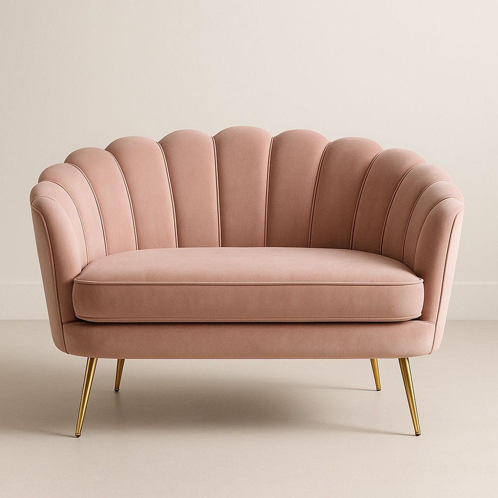 Canapé coquillage velours rose 2 places pieds dorés