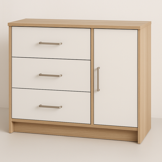 Commode à trois tiroirs et une porte en bois clair/blanc