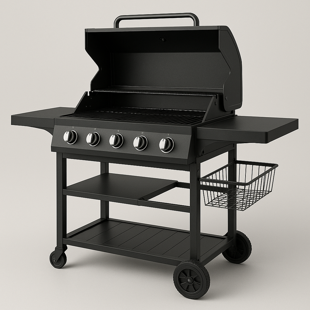 Barbecue à gaz 5 brûleurs Noir Acier Rectangulaire