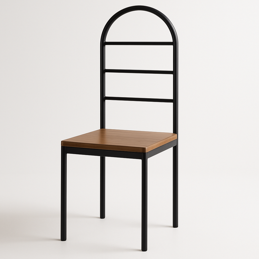 Chaise métallique avec dossier arqué et assise en bois