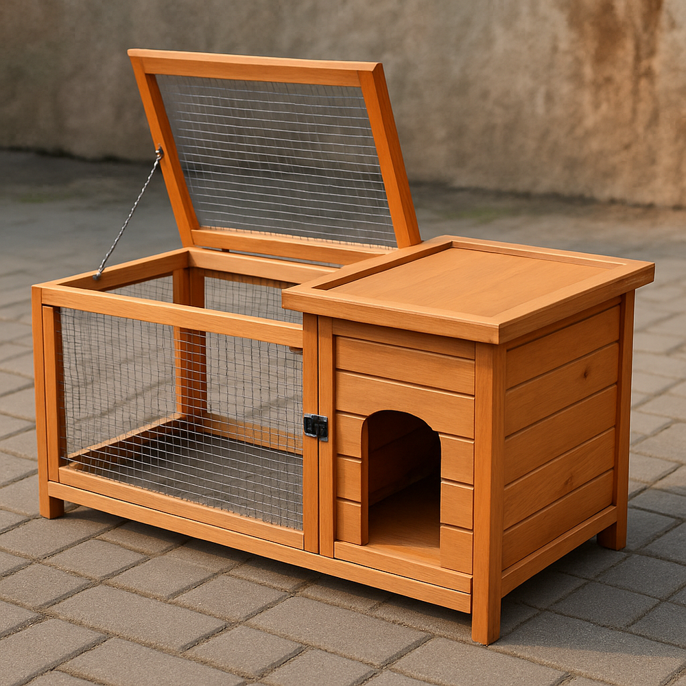 Clapier de Bois Rectangulaire avec Enclos Métallique Marron 90x45x40cm