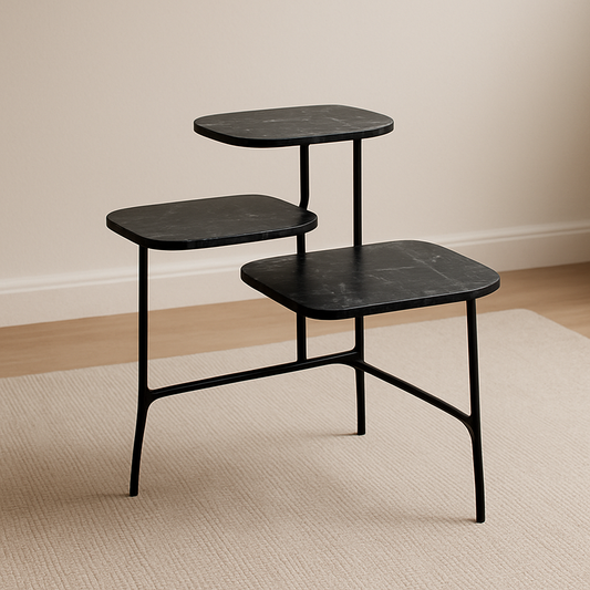Etagère étagée métal noir avec plateaux marbre rectangulaires