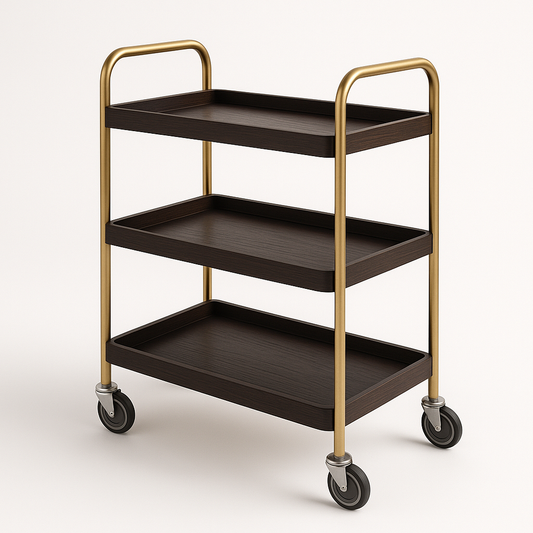 Chariot de Service à 3 Étagères Bois Foncé Métal Doré Roulettes