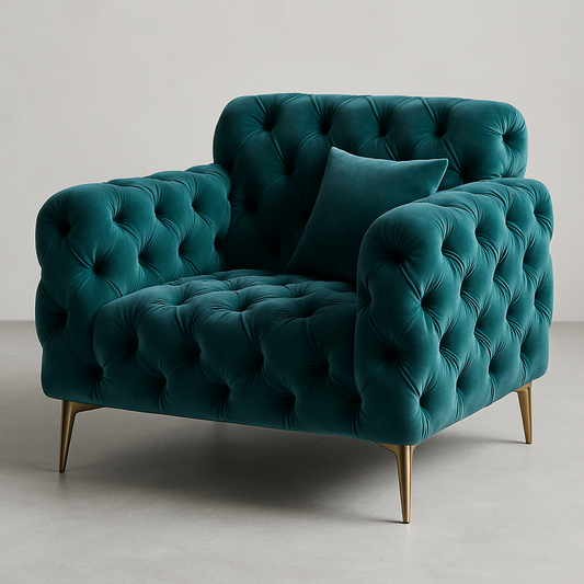 Fauteuil Velours Boutonné 100x85x85cm Pieds Métalliques Vert