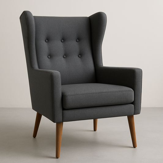 Fauteuil à oreilles en tissu gris foncé avec pieds en bois 105cm