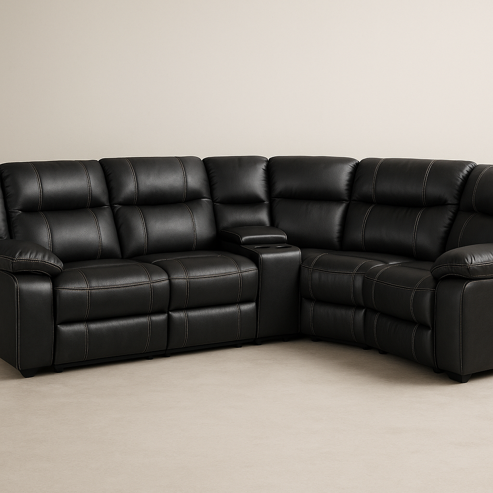 Canapé d'angle en cuir synthétique Noir avec repose-gobelets et accoudoirs