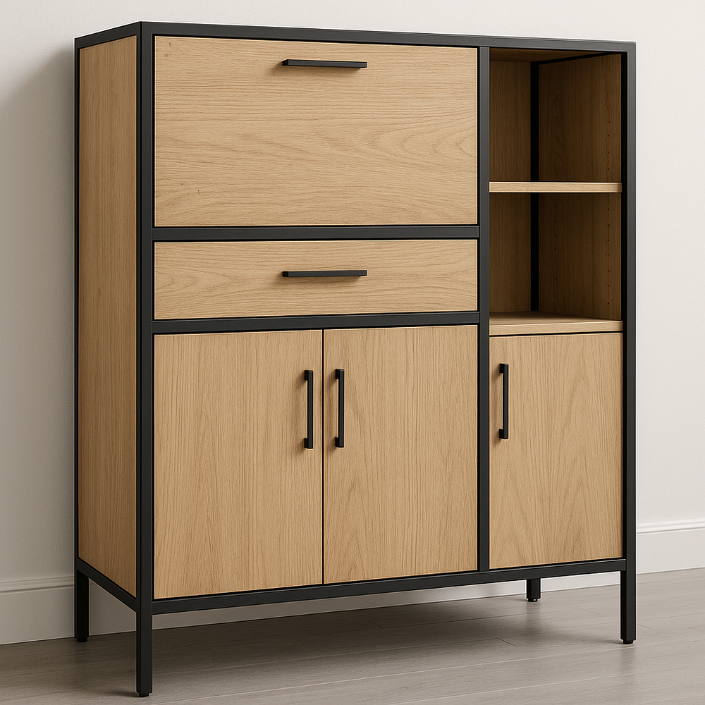 Buffet moderne bois clair/acier noir 120x100 cm