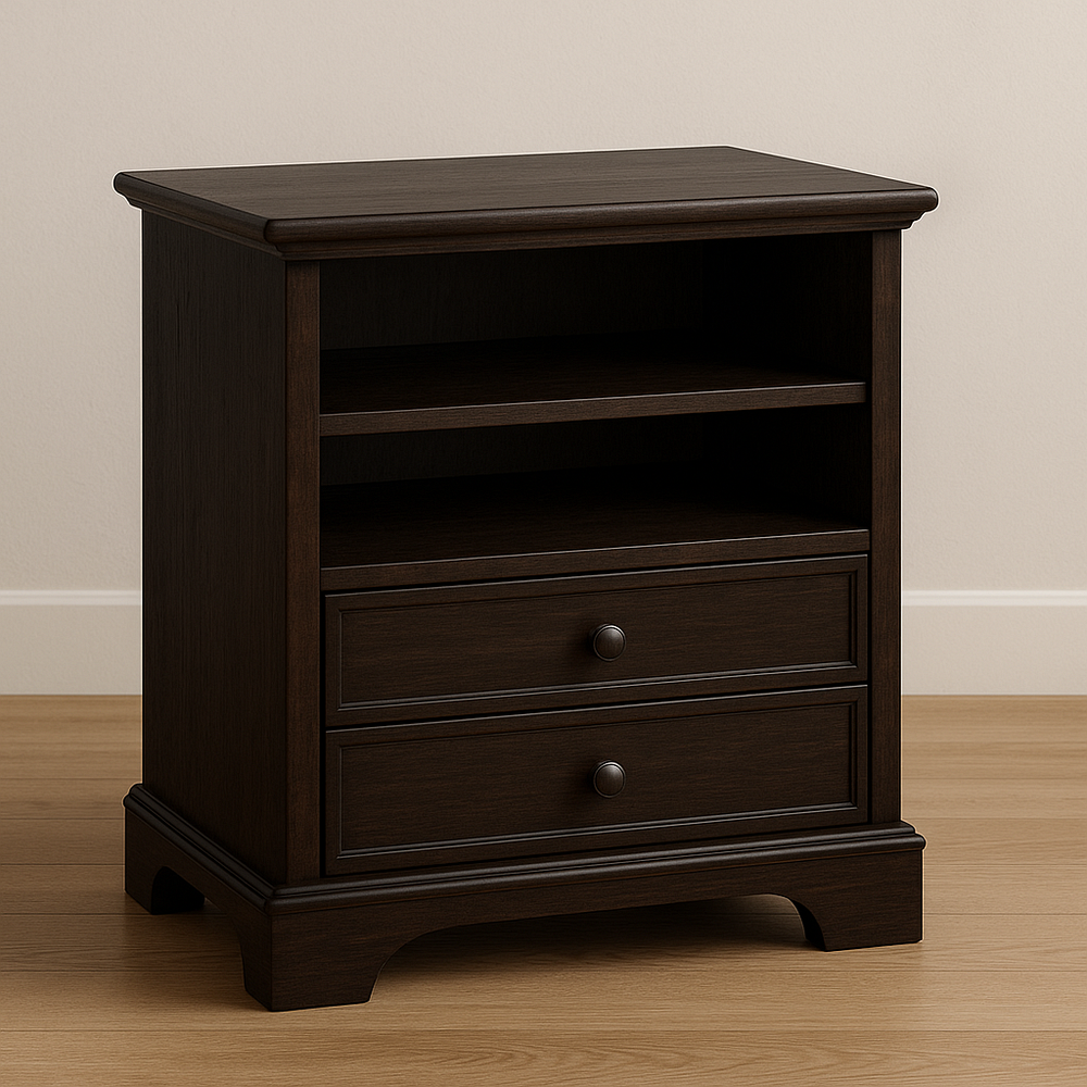 Table de nuit en bois foncé 2 tiroirs rectangulaire