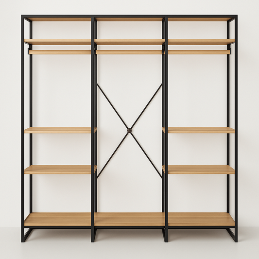 Bibliothèque moderne en métal et bois étagères multiples Noir/Chêne