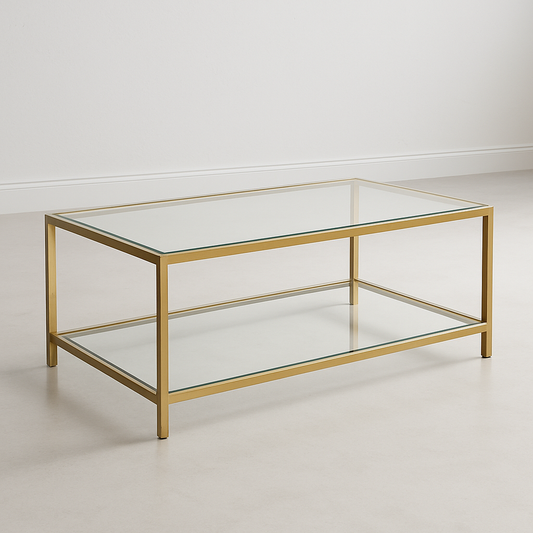 Table basse rectangulaire 110x60cm verre trempé/acier doré