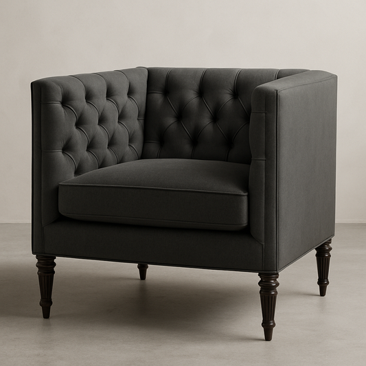 Fauteuil capitonné textile gris anthracite bois classique 90x90x75 cm