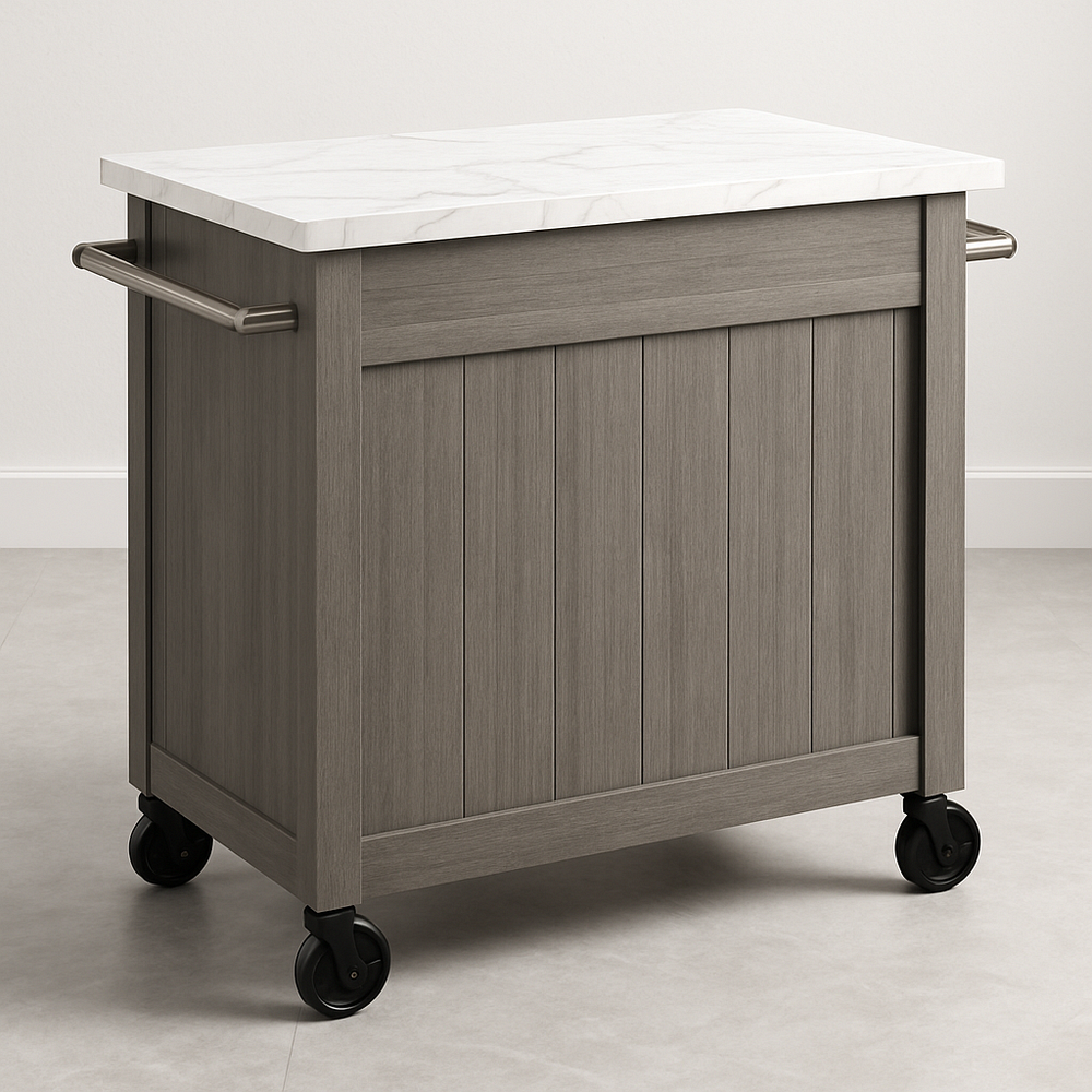 Chariot de Cuisine en Bois Gris avec Plateau en Marbre Blanc 90x50 cm