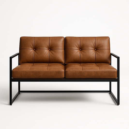 Canapé deux places cuir synthétique marron cadre métal moderne