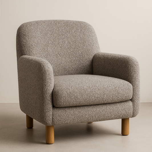 Fauteuil en tissu bouclé beige clair pieds en bois