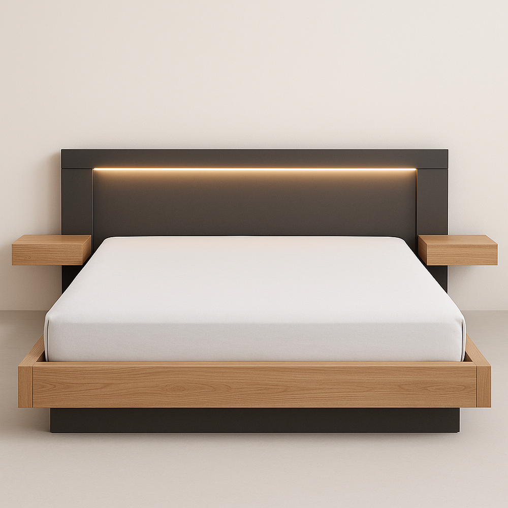 Lit double contemporain avec tête de lit éclairée bois/métal 160x200