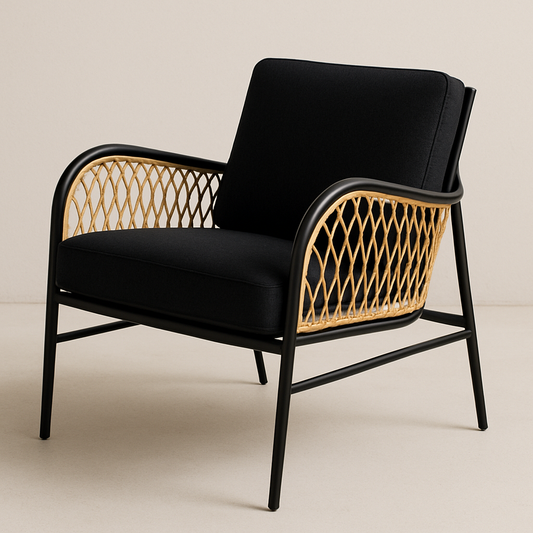 Fauteuil en Acier et Rotin avec Coussin en Tissu 80x70x70 cm Noir/Beige