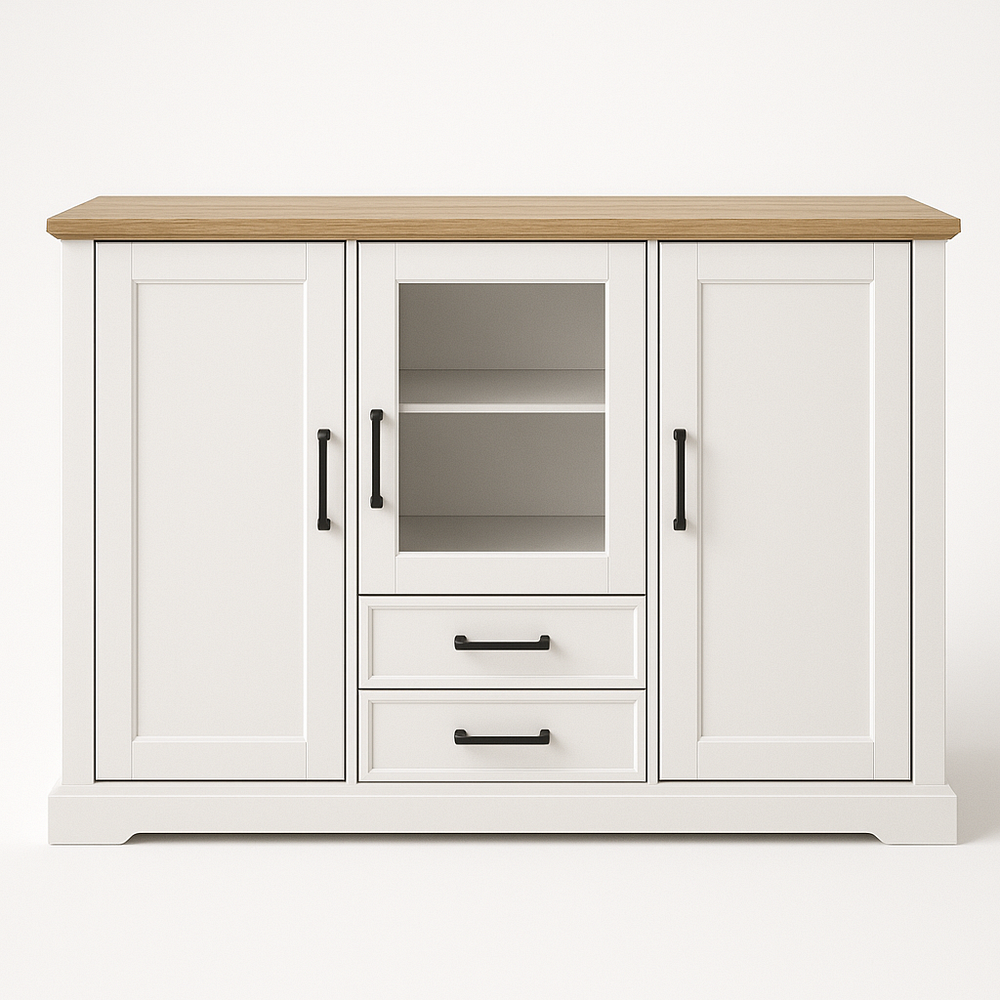 Buffet 3 portes 2 tiroirs blanc/bois MDF chêne