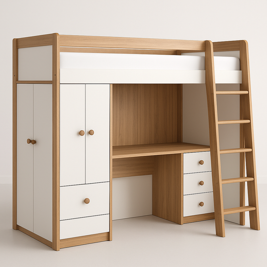 Lit mezzanine avec bureau rangement intégral bois clair/blanc