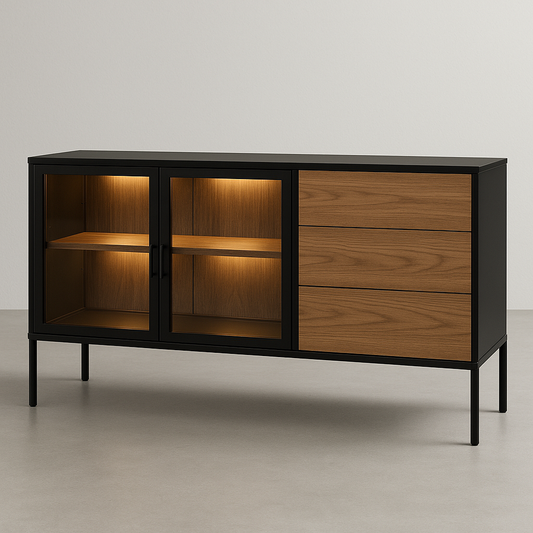 Buffet en bois et métal avec portes vitrées et éclairage LED 150x40x80cm Noir/Naturel