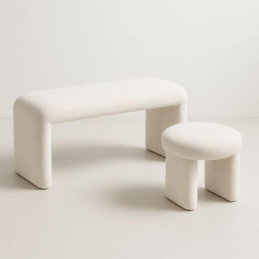 Set de Banc et Tabouret Tissu Bouclé Ivoire