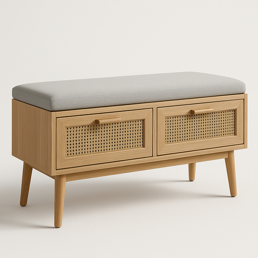 Banc de rangement en bois clair avec coussin gris et tiroirs en cannage