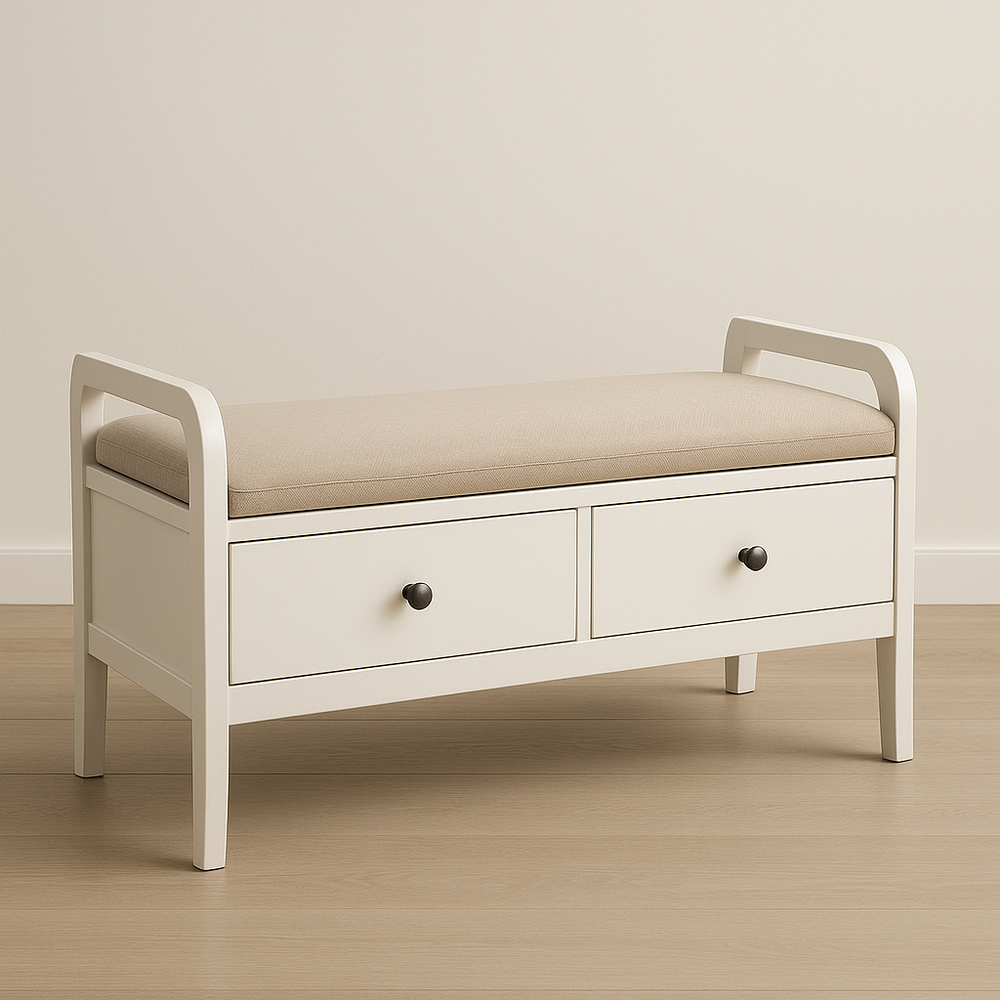 Banc avec rangement 2 tiroirs 100 cm Blanc/Beige Bois/Tissu