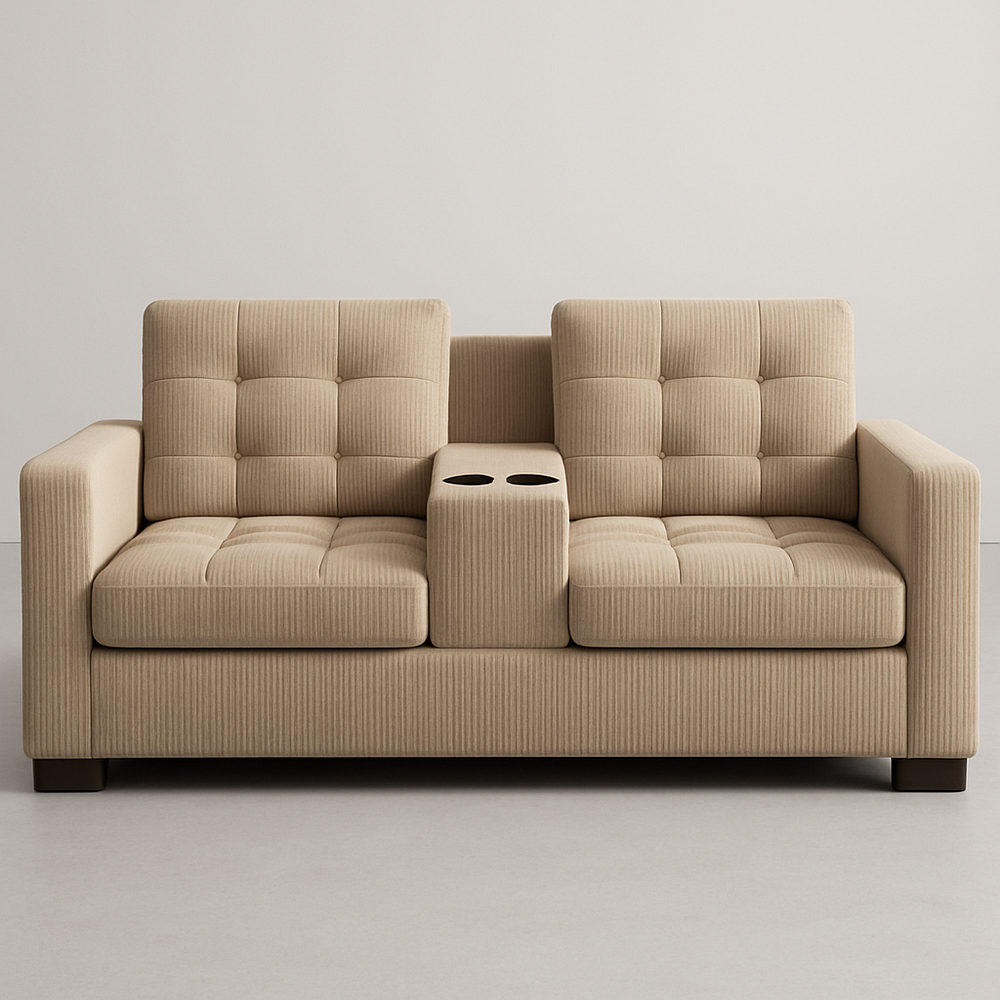 Canapé 2 Places Tissu Beige Accoudoir Central avec Porte-Gobelets Moderne 180cm