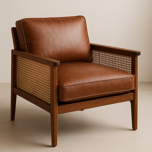 Fauteuil en cuir et bois avec dossier en rotin 80x80x85 cm