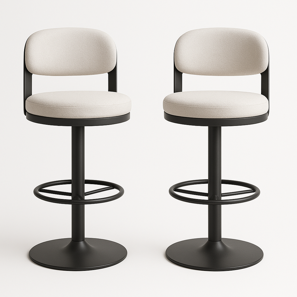 Tabouret de bar rond tissu beige métal noir 2 pièces