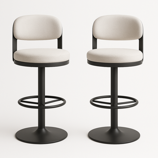 Tabouret de bar rond tissu beige métal noir 2 pièces