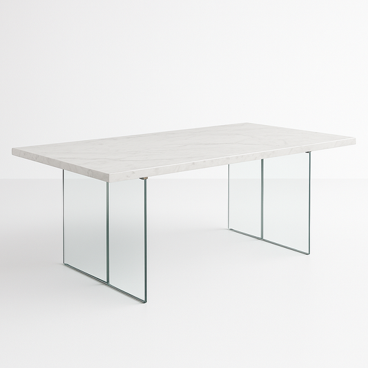 Table rectangulaire plateau marbre pieds verre 180x90cm Blanc/Transparent