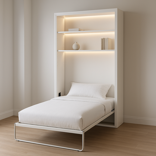 Lit escamotable avec étagères intégrées en bois blanc 90x200cm