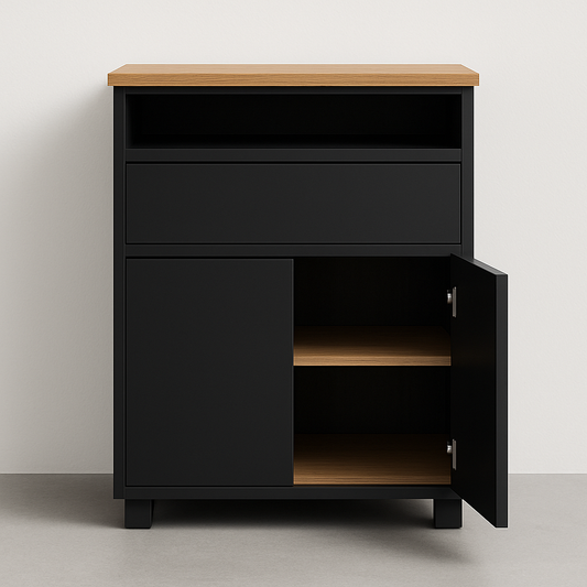 Buffet en bois MDF noir avec plateau en chêne 90x80x40cm