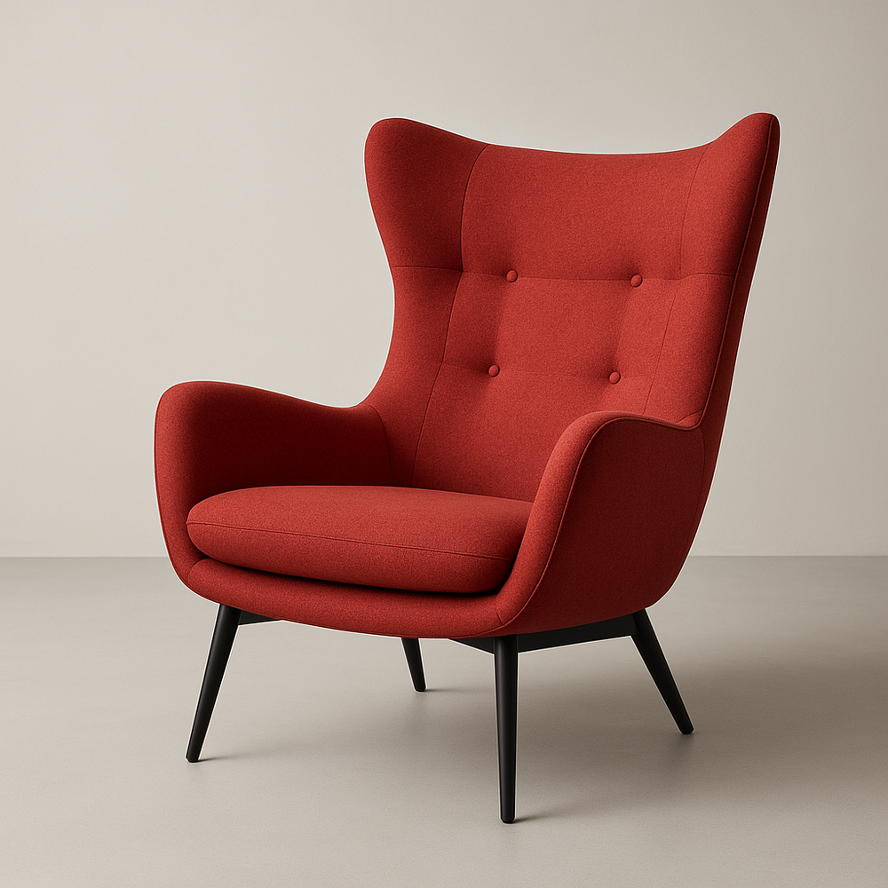 Fauteuil de salon en tissu rouge avec dossier haut et pieds en bois