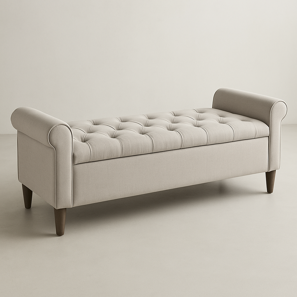 Banquette de rangement rembourrée rectangulaire avec pieds en bois H48cm x L140cm x P40cm Beige