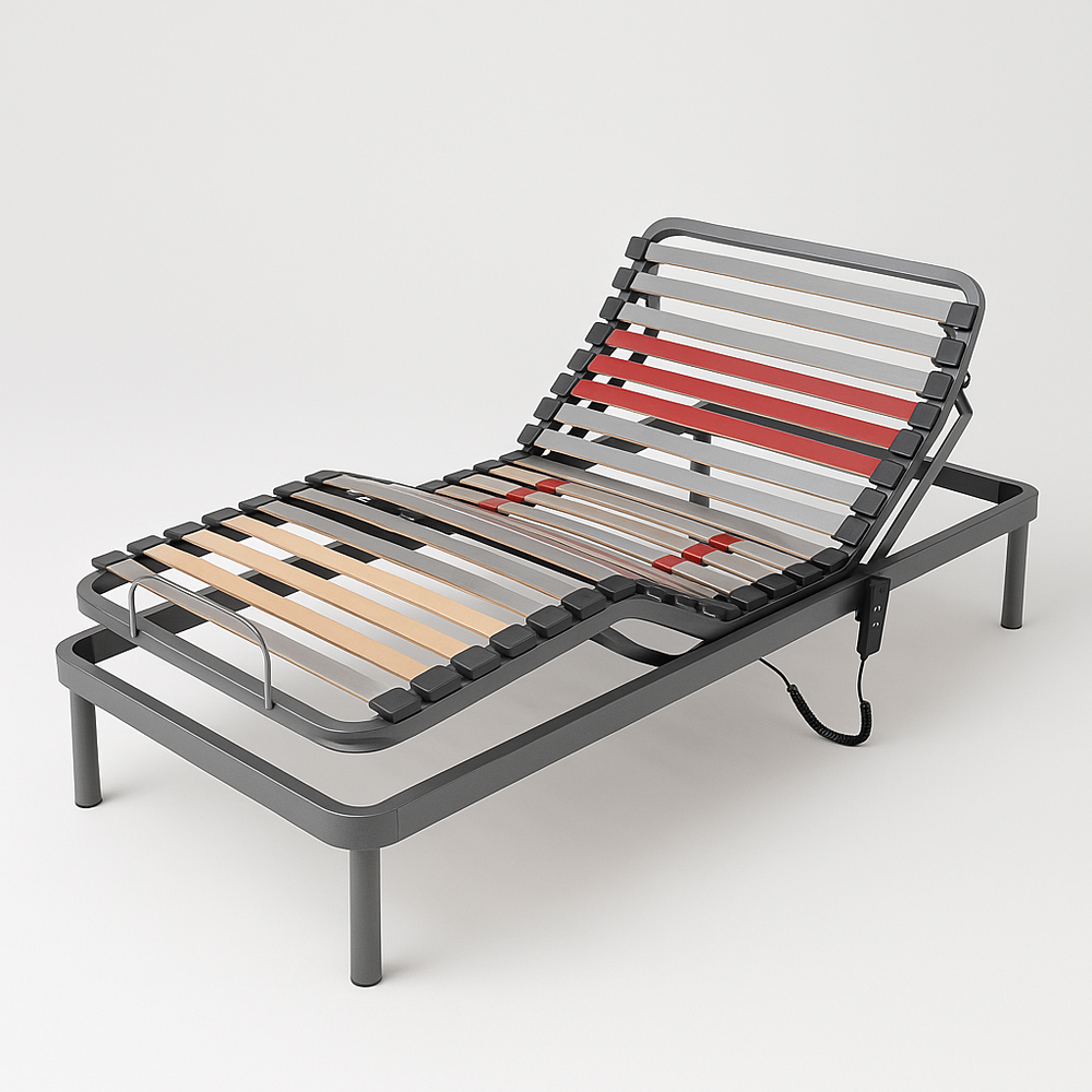 Structure de Lit réglable en Métal 90x200 cm – Noir / Rouge / Beige