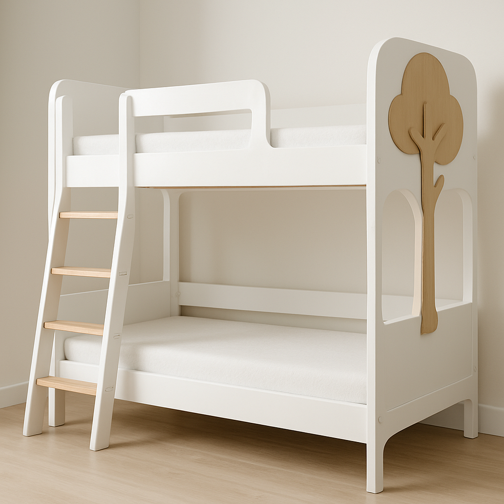 Lit superposé en bois MDF blanc/décor arbre naturel style moderne 200x90 cm