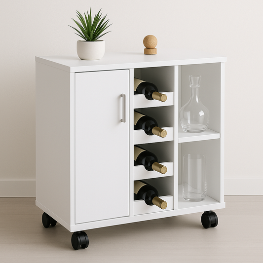 Chariot de rangement blanc avec porte et étagères pour bouteilles