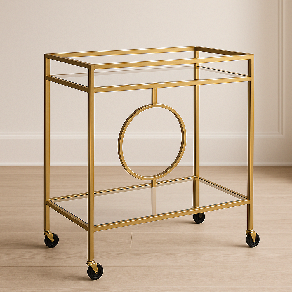 Chariot de Service Rectangulaire Verre Métal Doré à Roulettes