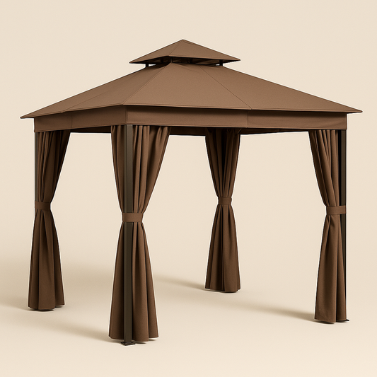 Tonnelle 3x3m Marron Structure Métal et Tissu Polyestère Double-Toit