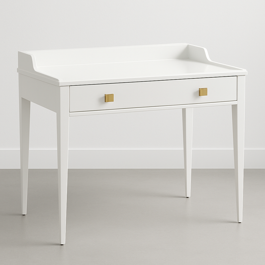 Bureau en bois blanc avec poignée de tiroir en métal doré