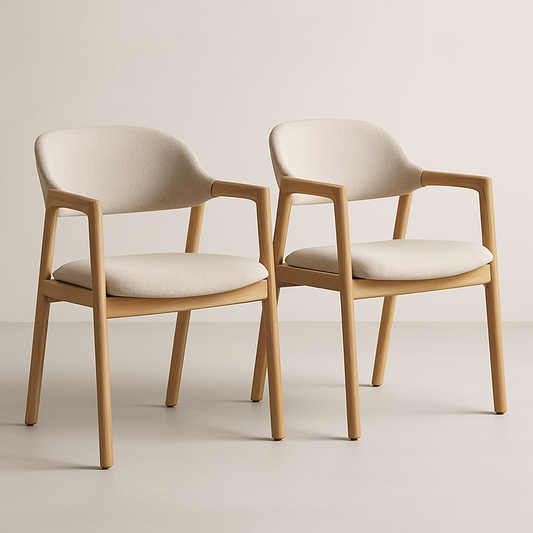 Chaise de salle à manger en bois poli et tissu beige ensemble 2 pièces