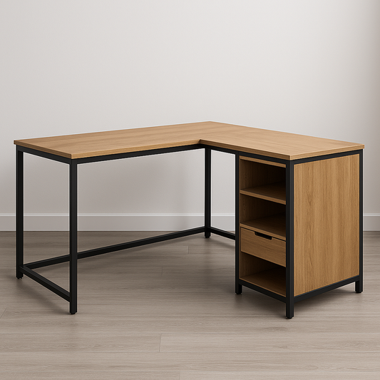 Bureau d'angle en bois MDF chêne clair avec étagères et structure en métal noir