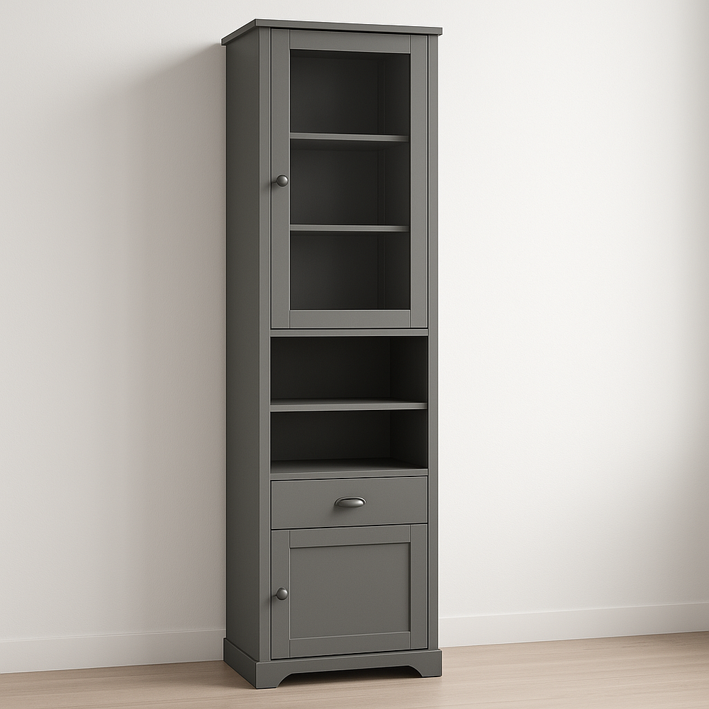 Armoire haute vitrée avec tiroir en bois MDF Gris 60x40x190cm
