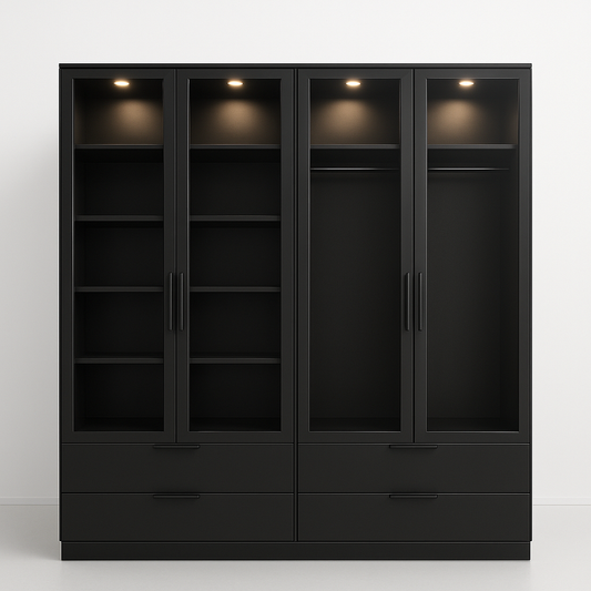 Armoire vitrée en bois noir avec éclairage intégré 4 portes 240x60x200 cm