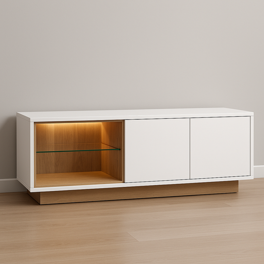 Meuble TV éclairé LED Blanc/Chêne Moderne 150x40x50 cm